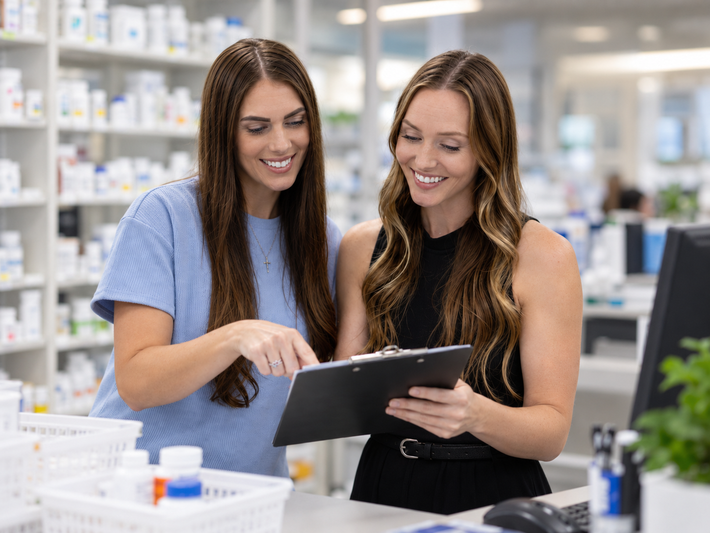 Two Torch team members reviewing a clipboard in the pharmacy
